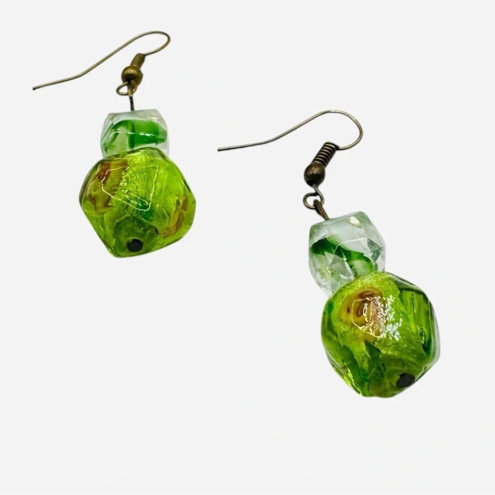 Green Glass Dangle Earrings | Artisan Boho Vintage Style | Faceted Beads